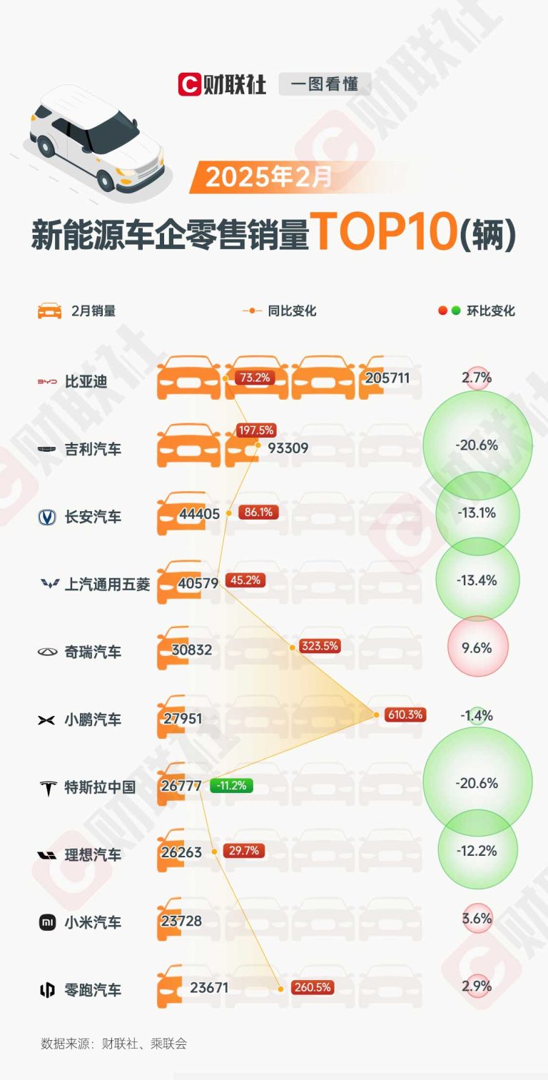 2月新能源车销量TOP10：小米进场、鸿蒙落榜、小鹏飙涨