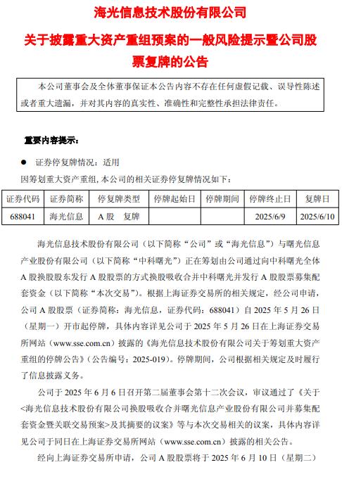 海光信息：筹划重大资产重组事项 将于6月10日复牌