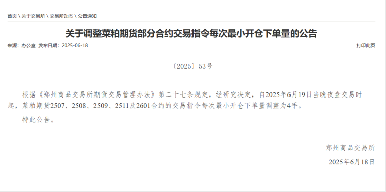 郑商所：调整菜粕期货部分合约交易指令每次最小开仓下单量