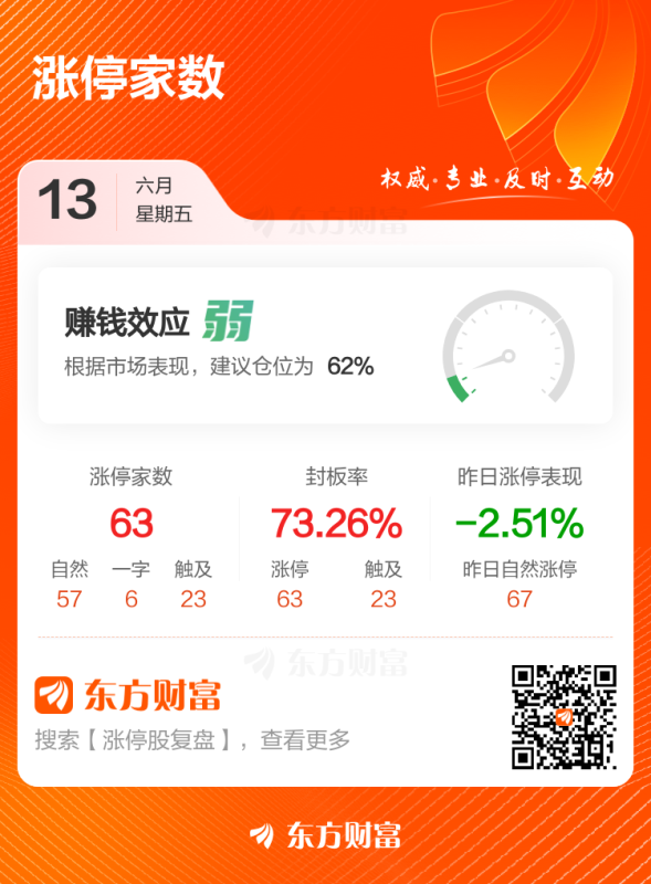6月13日涨停复盘：63只股涨停 北矿科技5连板