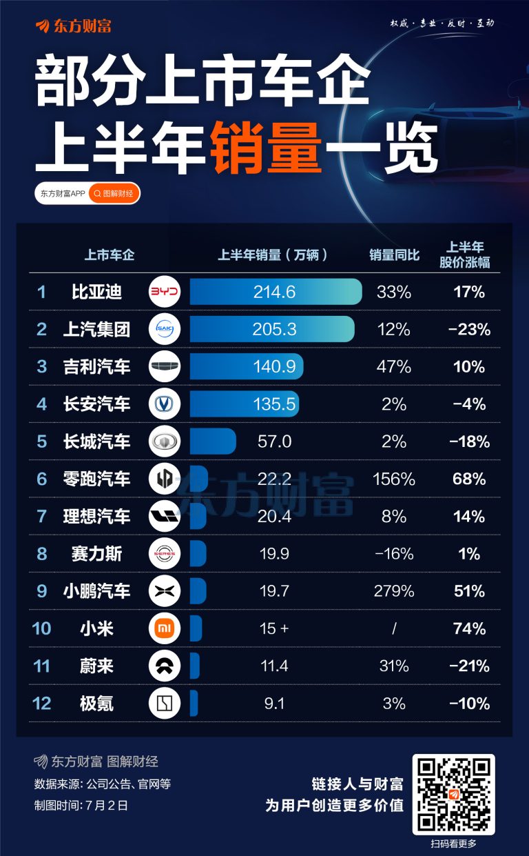比亚迪领跑 上汽紧随！上半年上市车企销量一览