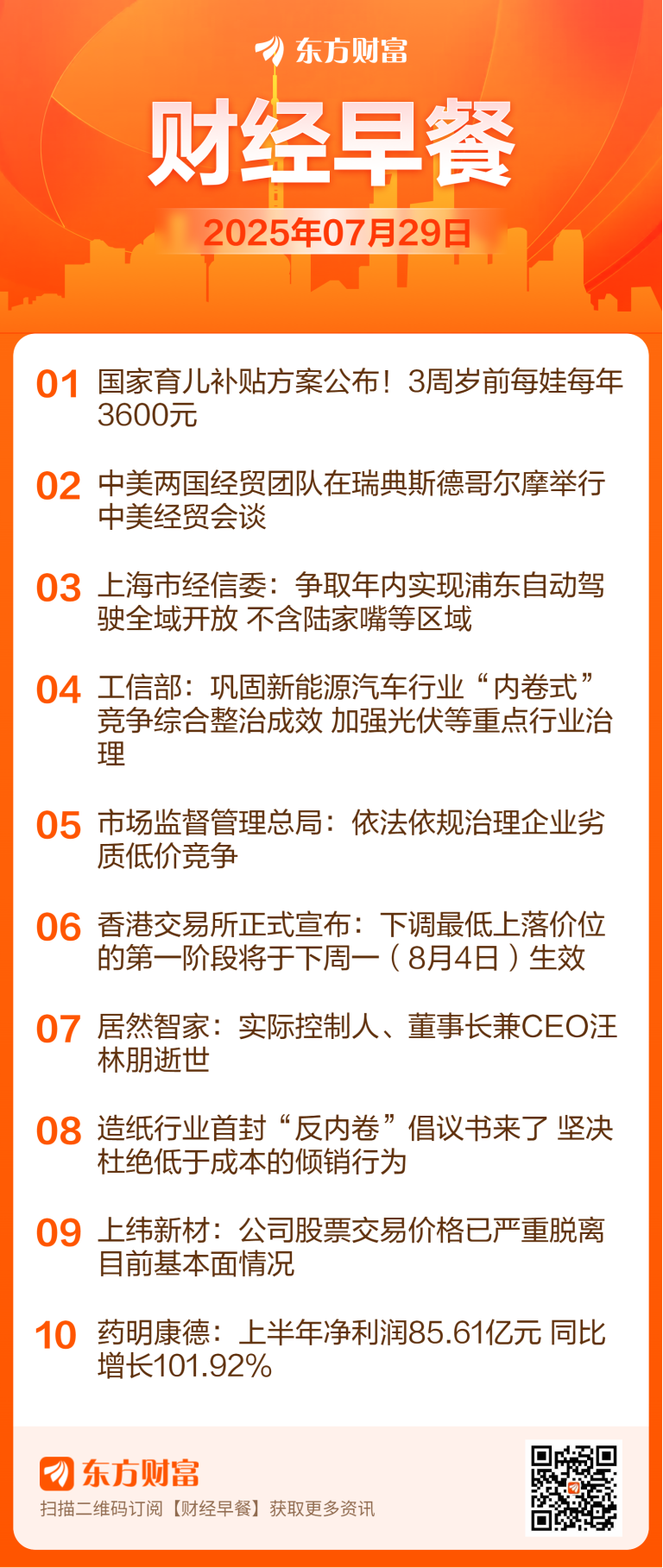 东方财富财经早餐 7月29日周二
