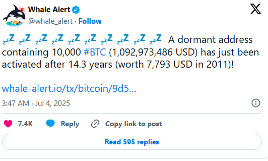 7800美元变成近11亿！比特币社区沸腾：沉寂14年的钱包苏醒了